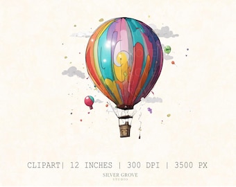 Hot Air Balloon Clipart Bundle | Colorful PNGs for Nursery Art and Kids Crafts