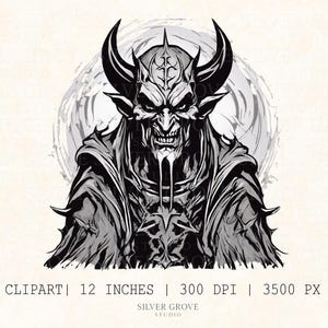 Paquete de 5 imágenes prediseñadas de calaveras de demonio malvado: arte de terror oscuro, calavera gótica PNG, estilo tatuaje, gráficos de monstruos aterradores