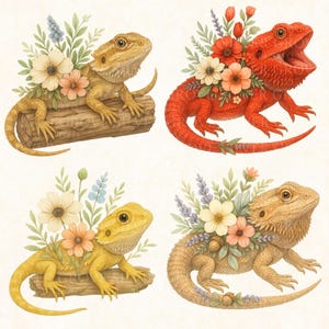 Floral Bearded Dragon Clipart: Watercolor Lizard PNGs (Digital Download)
