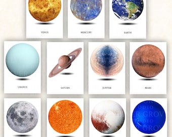 May include: A set of ten white cards, each featuring a different planet from our solar system. The planets include Venus, Mercury, Earth, Uranus, Saturn, Jupiter, Mars, The Moon, Sun, Pluto, and Neptune. Each planet is depicted with realistic colors and textures.