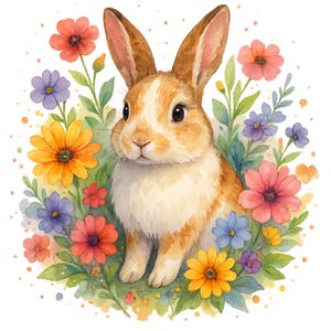 Floral Bunny Clipart: Watercolor Woodland Animals (Digital Download PNG)
