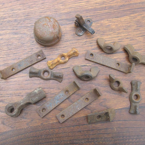 Vintage Salvaged Rusty Metal Lot Of 15 Pieces Of Junk Steel or Cast Iron Wingnuts Brackets Etc Steampunk Assemblage Collage Craft Supplies