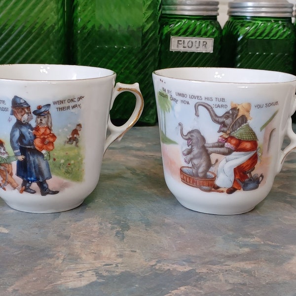 Vintage Children's Dishes 2 Cups 1 With Baby Jumbo and 1 With Charlie & Charlotte Poetry Nursery Rhymes Home Kitchen Cottage Decor Antique