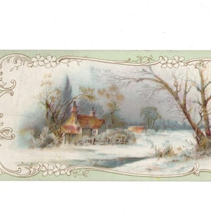 May include: A vintage postcard depicting a winter scene. A cottage with a red roof sits in a snow-covered field. The image is framed by a light green border with floral detailing and bare trees.