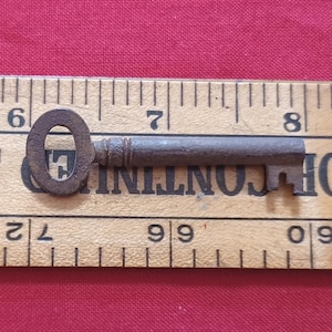 Peut inclure: Une ancienne clé en métal rouillé avec une tête ovale et un panneton détaillé. La clé est posée sur une règle en bois, avec les chiffres 6, 7, 8, 9 et 0 visibles. La règle est sur une surface rouge.