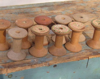 10 Wood Thread Spools Antique Bobbins Vintage