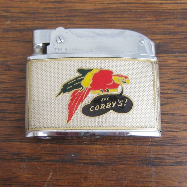 Vintage Corby's Cigarette Lighter Penguin Japan Corbys Parrot Whiskey Man Cave Mid Century Cottage Decor Superlative Automatic No. 18250