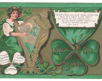 Antique 1909 St Patrick's Day Postcard Embossed Vintage Ephemera Junk Journal Home Cottage Decor Cottagecore Boho