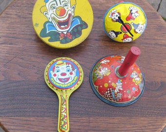 Lot of 4 Vintage Tin Noise Makers With Clowns 3 Have Wood Handles Home Party Birthday New Years Decor Celebration