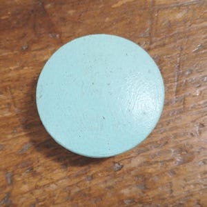 May include: A circular, pale blue wooden disc. The disc has a solid, matte finish and rests on a wooden surface with visible grain. The disc is a single colour with no visible markings or patterns.