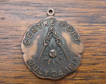 Mason's Medal July 24, 1913 Centre Port Centreport Masons Masonic Vintage Antique Square Sun Symbol