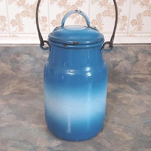 Antique Blue Enamel Milk Can Country Kitchen Style Counter Table Top Refrigerator Ice Box Indoor Home Farmhouse Decor Enamelware