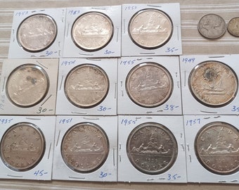Canada Silver Dollars Lot Of 11, 1935, 1949, 1951, 3 x 1953, 1954, 2 x 1955, 1957, 1966 Plus 1952 Quarter & 1936 Dime