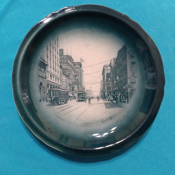 Antique Buffalo Pottery Plate Our Second Birthday The Sweeney Co Buffalo NY Shows Main St, Trolley Cars, People Home Cottage Decor