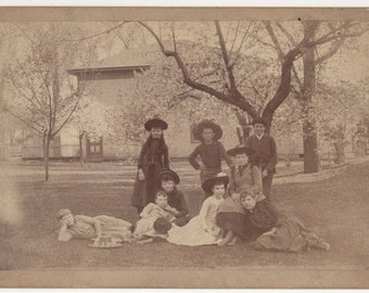 Antique Cabinet Photo 7 Young Women 2 Young Men Outdoor Scene Black and White Photograph Home Cottage Decor Cottagecore Boho Unique