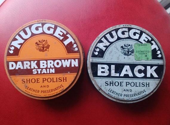 2 Vintage Nugget Shoe Polish Tins Black Dark Brown Stain Antique