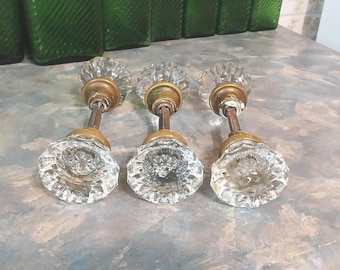Antique Crystal Door Knobs Set Of 3, Fluted 12 Point With Brass Necks, 1920s Architectural Salvage Door Parts