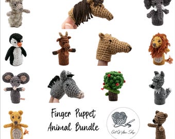SCHEMA ALL'UNCINETTO: Pacchetto di 13 marionette da dito a forma di animali - Amigurumi (pdf, termini USA)