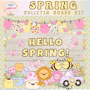 May include: A spring-themed bulletin board kit with the text "SPRING BULLETIN BOARD KIT" at the top. The design includes a string of decorative elements, butterflies, bees, flowers, and the phrase "HELLO SPRING!" in large letters. A light purple truck carries flowers.
