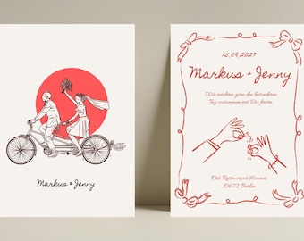 Invitación de boda elegante dibujada a mano, con ilustraciones de los novios, plantilla para bodas, Canva, estilo bohemio, minimalista, personalizada y editable digitalmente.