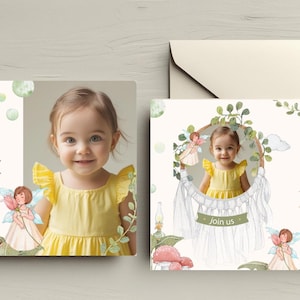 Bonita plantilla de invitación de cumpleaños infantil Canva personalizada editable fiesta festiva niño amigo ángel bosque niña niño