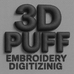Può includere: Immagine generata digitalmente con le parole "3D PUFF EMBROIDERY DIGITIZINIG" in un carattere grigio scuro strutturato. Il testo "3D" e "PUFF" appare in rilievo, dando un effetto tridimensionale. Lo sfondo è una superficie grigio chiaro strutturata.