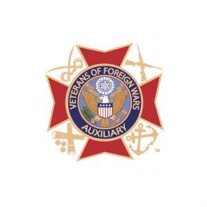 May include: A red and gold emblem with a central circular design featuring an eagle and shield, surrounded by the text "VETERANS OF FOREIGN WARS AUXILIARY." The emblem is set against a white background, with gold and red star-shaped elements.