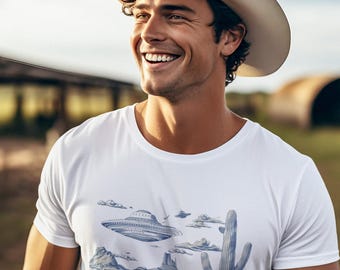 Vintage Cowboy Greyhound T-Shirt: Retro Western UFO Dog Design