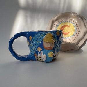 Van Gogh Art Mug and Plate Set: 3D Figure & Starry Night - 150ml