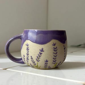 Handmade Purple Lavender Floral Ceramic Mug, 9.3 fl oz - 275ml, Unique Gift for Him or Her, Microwave & Dishwasher Safe