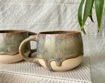 Handmade Ceramic Coffee Mug: Green & Cream Glaze, Minimalist Pottery
