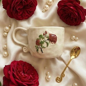 Handmade Ceramic Mug with Red Rose: 230ml