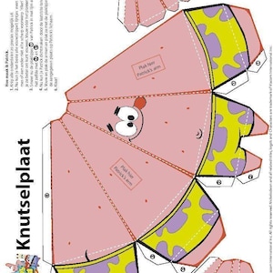 Könnte beinhalten: Eine druckbare Papierbastelvorlage von SpongeBob Schwammkopfs bestem Freund, Patrick Star. Die Vorlage ist rosa und gelb mit einem lila und gelben Muster. Die Anweisungen sind auf Niederländisch und enthalten den Text "Knutselplaat", was "Bastelbogen" bedeutet.