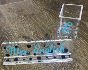 Personalized Acrylic Desk Set - Teacher Name Plate and Pencil Cup - Desk Accessories