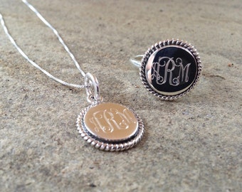 Sterling Silver Rope Ring and Monogram Necklace -Engraved Ring - Gift Set - Monogram Ring Set
