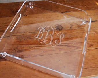 Monogram Serving Tray - Square 12 x 12  Acrylic Tray with Handles - Engraved Serving Board