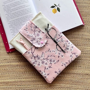 Book Sleeve with Pocket, Sakura Theme Pink Linen