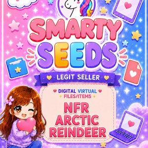 Peut inclure: Un graphique numérique avec le texte SMARTY SEEDS, LEGIT SELLER, DIGITAL VIRTUAL FILES/ITEMS et NFR ARCTIC REINDEER. Il comprend une licorne, une fille tenant un cœur, une tablette, un ordinateur portable, un dossier et des nuages sur fond rose et bleu.