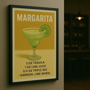 Margarita Wall Art – wydruk przepisu na koktajl, plakat miksologiczny, dekoracja wózka barowego, ilustracja drinka w stylu vintage, sztuka ścienna do kuchni