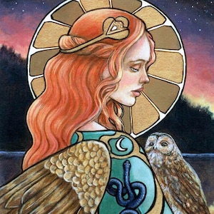 Lilith goddess owl pagan hand embellished gold fine art print