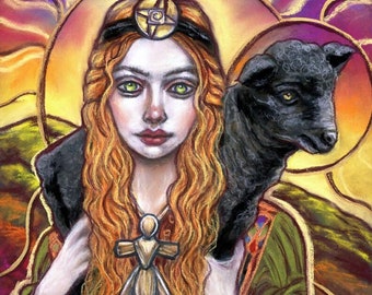 May include: A woman with long, red hair wears a gold crown and a green robe. She holds a black lamb in her arms. The background is a colorful sunset with a sun in the upper center of the image.