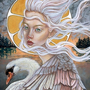 The Swan Maiden fairy tale mythical fine art hand embellished print by Tammy Wampler