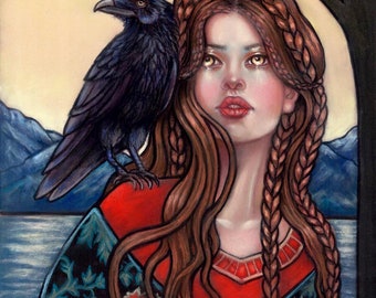 Morgan Le Fay raven lady of the lake fantasy art goddess fine art print