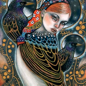 Starling birds woman Klimt inspired portrait 8x10 print of original soft pastel