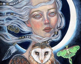 Selene Greek moon goddess owl luna moth fine art print by Tammy Wampler