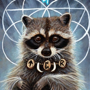 May include: A raccoon wearing a necklace with wooden beads and runes, with a white geometric pattern behind it. The runes on the beads are "T", "I", "C", "R", and "R".