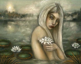May include: A woman with long white hair sits in a misty lake, holding a white flower. The water is murky and green, with lily pads floating on the surface.
