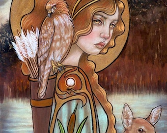 Artemis goddess hand embellished gold print
