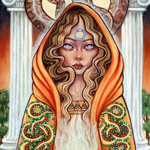 May include: A woman with long blonde hair and blue eyes wears a flowing orange robe with green snake designs. She holds a golden cauldron with smoke rising from it. Two white columns with ornate tops frame the scene. Two snakes are intertwined above her head.