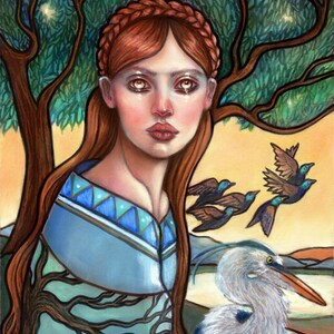 May include: A painting of a woman with long red hair wearing a blue and green patterned dress. She is standing in front of a tree with a large bird standing next to her. There are several birds flying away from her.